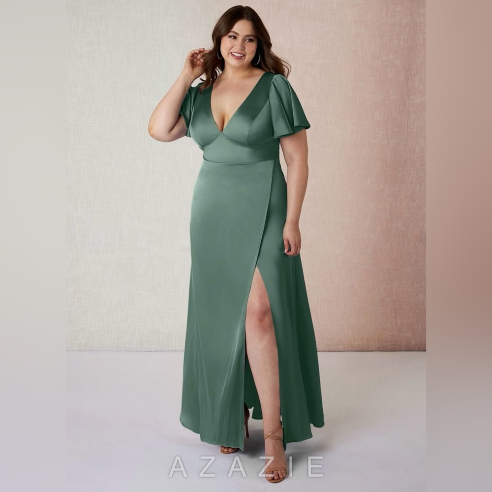Azazie Lani Stretch Satin Bridesmaid Dress in Eucalyptus Size A16